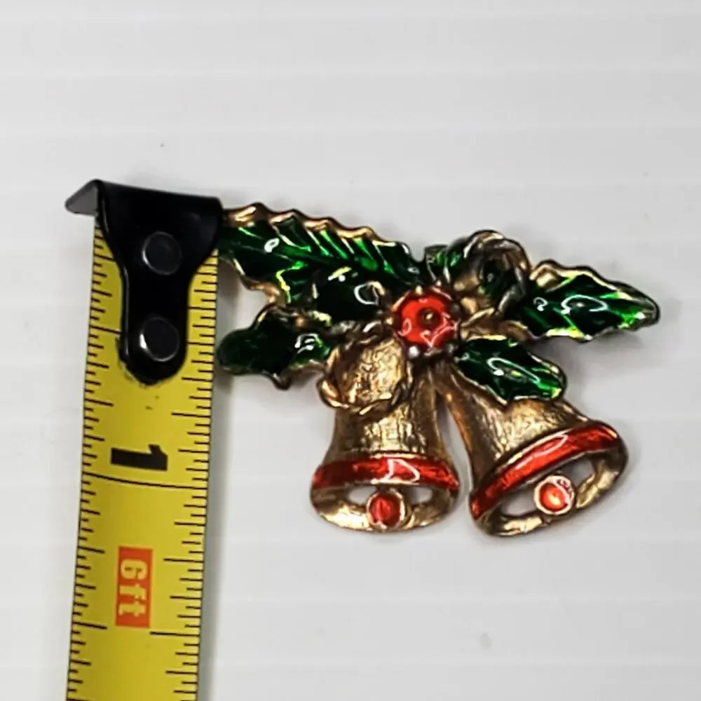 Enamel Holly Double Bells Bow Vtg Unsigned Gold Tone Brooch Pin 1